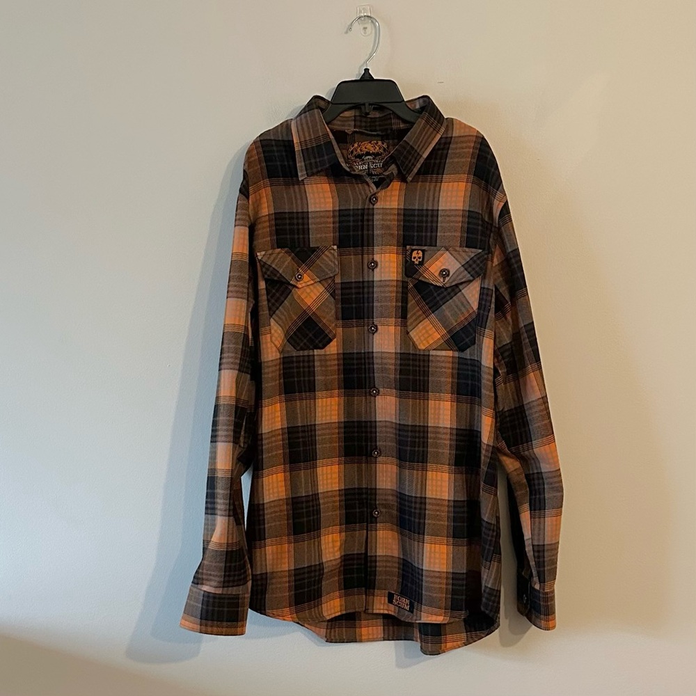 Born Scum Warmaster Orange Black Grey Plaid Flannel Button Shirt L